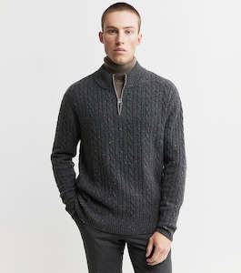 Sale: Mens Cashmere Cable Quarter Zip Sweater - Charcoal Donegal/Dark Grey Melange