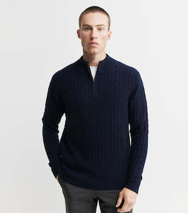 Mens Cashmere Cable Quarter Zip Sweater - Dark Navy/Dark Navy Donegal