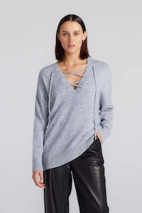 Sale: Cashmere Drawstring Sweater - Navy/Cream Melange