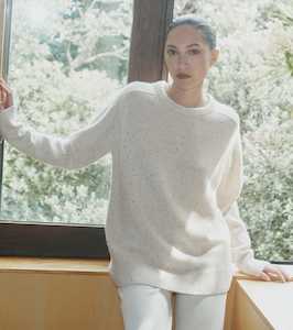 Luxe Cashmere Saddle Crew Sweater - Cream Speckle