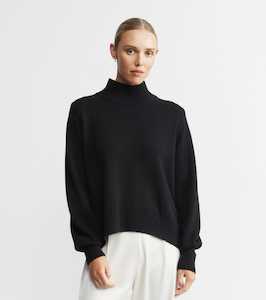Cashmere Mock Neck with Balloon Sleeve - Black