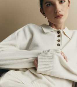 Boat Necks Polos: Cashmere Button Polo - Cream