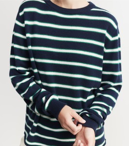 Cashmere Featherweight Oversize Crew - Navy Stripe