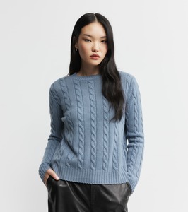 Cashmere Cable Crew Sweater - Steel Blue