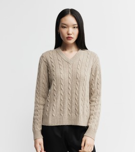 Cashmere Cable V Sweater - Birch