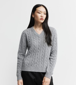 Core Womens: Cashmere Cable V Sweater - Dark Grey Melange