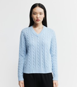 Core Womens: Cashmere Cable V Sweater - Pale Blue