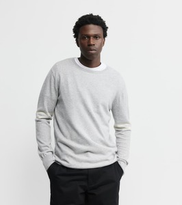 Mens Cashmere Crew Stripe Sleeve - Grey Melange/Cream