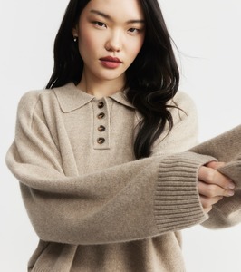 Boat Necks Polos: Cashmere Button Polo - Birch