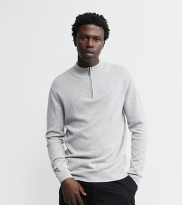 Mens Essential Cashmere Quarter Zip Sweater - Grey Melange/Cream
