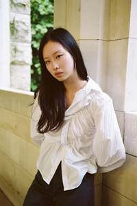 Gathered Shirts: Gathered LS Shirt in Crinkle White
