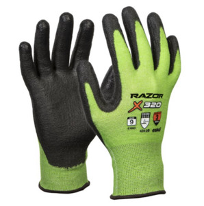 Products: Esko Razor X320 Hi-Vis Green Cut 3 Gloves Pack of 12 Pairs Empyre Workwear Packaging & Hygiene