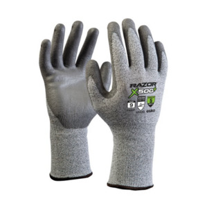 Products: Esko Razor Plus X500+ Cut 5 PU Dip Gloves Pack of 6 Pairs Empyre Workwear Packaging & Hygiene
