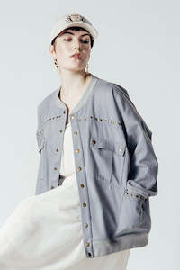 Jump In Lux Leisure: Domed Detail Denim Bomber Jacket