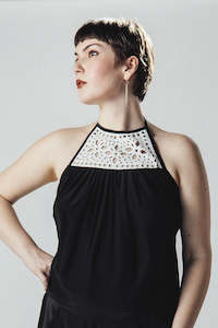 Black and White Leather Lace Halter Singlet