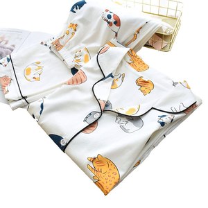 Home Garden Bargain: 100% Cotton Cute Cat Print Cartoon 2Pcs Set Sleepwear Female Tops and Pants Nighties Pyjama Suit