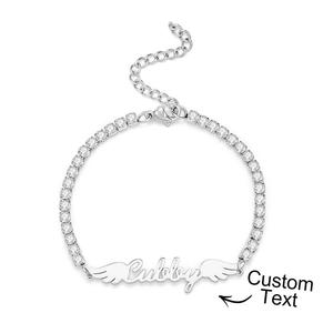 Valentines Day Gift 2024: Custom Name Elegant Angel Wings All Diamonds Bracelet