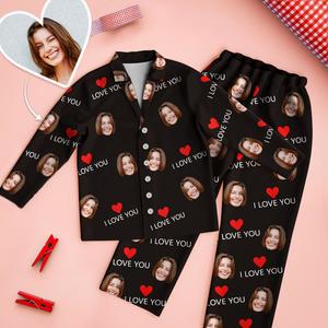 Pyjamas Collection: Custom Face Love You Pajamas Set Black Couple Sleepwear Long Sleeve Nightwear