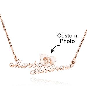 Custom Engraved Heart Photo Necklace Double Plated Name