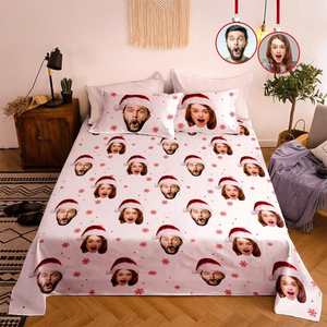 Halloween Super Sale: Personalized Photo Double Bedding Sheet And Duvet Cover Pillowslip Set Christmas Hat Gift For Couple