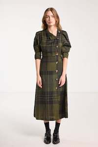 Salasai - Beloved Button Dress - Forest Green Check Linen