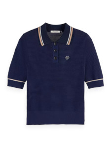 Maison Scotch: Maison Scotch - Pointelle Collared Knitted Polo - Navy