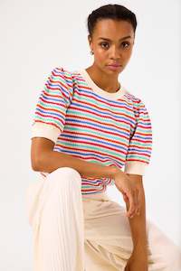 Tops: Garcia - Striped Knit SS Pullover - Whitecap