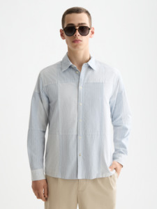 Scotch & Soda - Patchwork Relaxed Fit Oxford Shirt - Blue/Blue Stripe