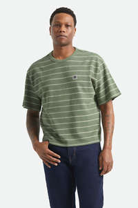 Brixton: Brixton - Shield Pique Stripe Boxy Tee - Dark Olive/Whitecap