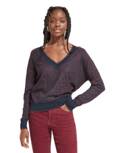 Maison Scotch - Animal Jacquard V-Neck Sweater - Bordeaux