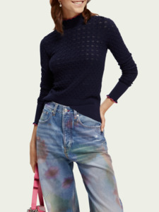 Maison Scotch: Maison Scotch - Slim Fit Ruffled Pointelle Pullover - Navy