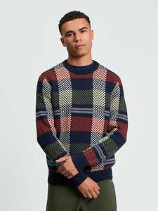 Ben Sherman - Jacquard Check Knitted Crew - Dark Navy
