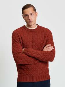 Ben Sherman - Cable Texture Knitted Crew - Burnt Orange