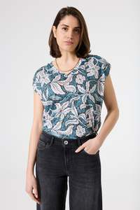 Tops: Garcia - Printed V-Neck Tee - Blue Lagoon
