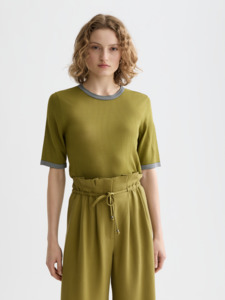 Maison Scotch: Maison Scotch - Stripe Trim SS Pullover - Green Moss