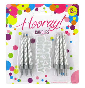 Hooray Spiral Happy Bday Candles 12pcs - Silver