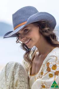 Tina M Copenhagen Headwear: Tina M Copenhagen Kathleen Raffia Wide Brim Fedora - Denim