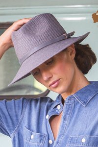 Tina M Copenhagen Headwear: Tina M Copenhagen Florence Raffia Wide Brim Trilby - Denim
