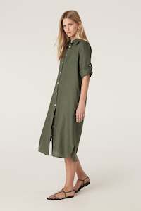 Cable Pure Linen Shirt Dress - Khaki