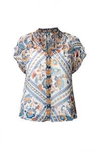 Once Was Calandra Contrast Trim Viscose Yoryu Flutter Sleeve Top - Petinos Floros