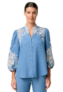Once Was Astra Placement Embroidered Tencel 3/4 Sleeve Blouse - Blue Ash
