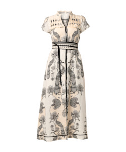 Once Was: Once Was Xanthia Diamond Smock Yoke Linen Viscose Placement Print Dress - Imperial Stone