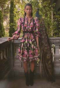 Once Was Aurelia Viscose Dobby Lace Trim Placement Print Dress - Anthos Iotos