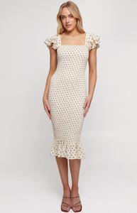 Polka Dot Shirred Midi Dress with Layered Frill Sleeves