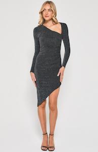 Winnie Co: Asymmetric Neckline and Hem Lurex Stretch Bodycon