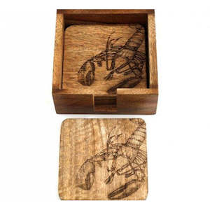 Espial Home: Set of 4 Etched Mango Wood Lobster Coasters With Holder