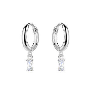 Earrings: Silver Baguette Cubic Zirconia Charm 2x4mm Hoop Earrings
