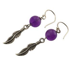 Earrings: Amethyst & Sterling Silver Feather and Ball Earrings