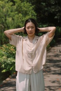 Everyday Essentials: Wide Lapel Shirt with Knot Buttons in Warm Sand