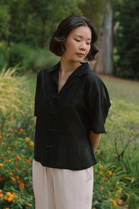 Wide Lapel Shirt with Knot Buttons in Black